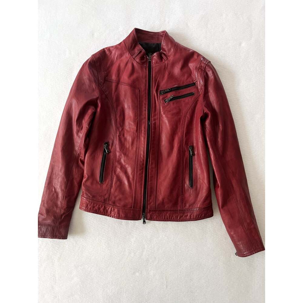 David Firenze Jacket Women US S (Chest 33in) Red Leather Biker Moto Italy Zip